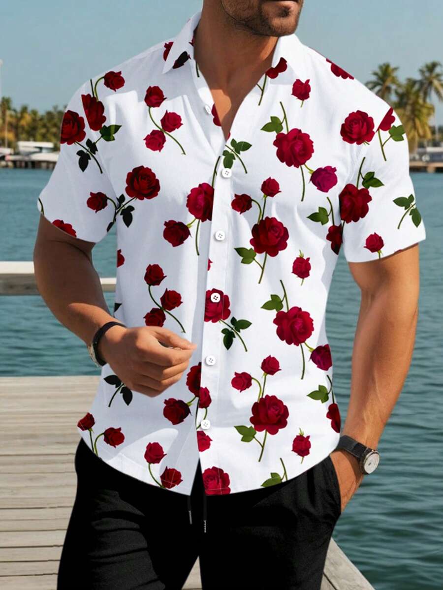 Manfinity RSRT 男士印花纽扣前开襟休闲短袖衬衫