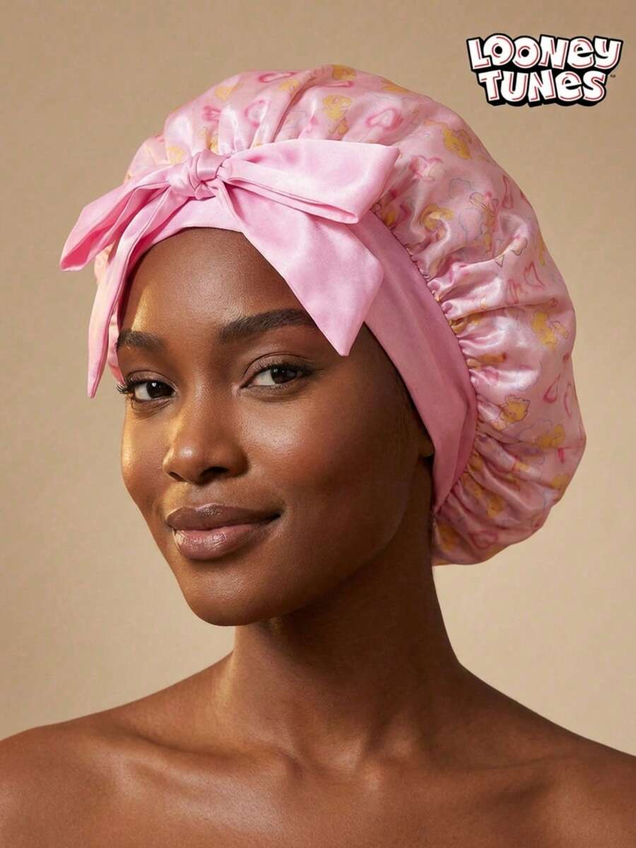 LOONEY TUNES X Joivida Cute Satin Sleep Cap With Cartoon Duck Print – Protect Hair & Preserve Style While You Sleep - Baby Pink - View 1