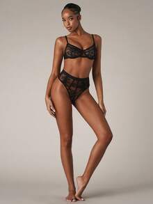 SHEIN BAE 2pcs/Set Floral Lace Lingerie Set For Women - Black - View 3