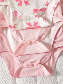 SHEIN Bộ 3 món áo liền quần ngắn tay dễ thương, thoải mái, mềm mại, thoáng khí cho bé trai/bé gái sơ sinh/trẻ nhỏ, kiểu dáng tối giản, họa tiết gấu đáng yêu, thích hợp cho mùa xuân, hè, thu, đông, mặc hàng ngày, dự tiệc sinh nhật, chụp ảnh. - Hồng - Xem 5