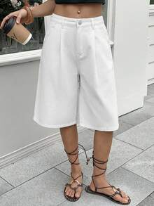 SHEIN Quần short Bermuda xếp ly rộng rãi màu trắng dành cho thiếu nữ - trắng - Xem 6