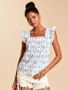 Travachic 女士度假贝壳图案方领短袖衬衫，女士度假休闲套装，适合夏季假期、春假、派对、海滩、春季、情人节、女士情人节、狂欢节服装、优雅、花卉图案、狂欢节、春夏交替、派对、夏季上衣、情人节上衣、女士婚礼宾客上衣、生日上衣、派对上衣、女士优雅上衣、花卉图案上衣、夏季上衣、狂欢节服装、女士墨西哥风情波西米亚风上衣 - 藍白色 - 查看 1