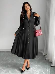 Elenzga Plus Size Women's French Romantic Elegant V-Neck Pleated Long Sleeve Metal Button Faux Pocket Decor Maxi Dress Button Dress Black Classy Dress French Style Dress Long Sleeve Elegant Dress Elegant Midi Dress - Black - View 6