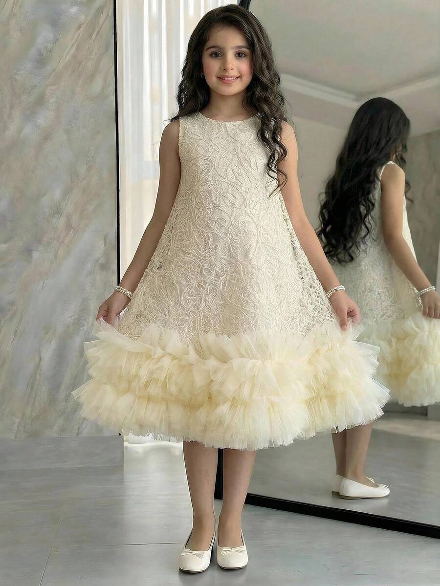 SHEIN 少女优雅蕾丝刺绣网纱下摆无袖圆领连衣裙 - 杏色 - 查看 1