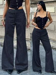 Coolane 黑色条纹印花休闲喇叭裤女裤 - 黑色 - 查看 8