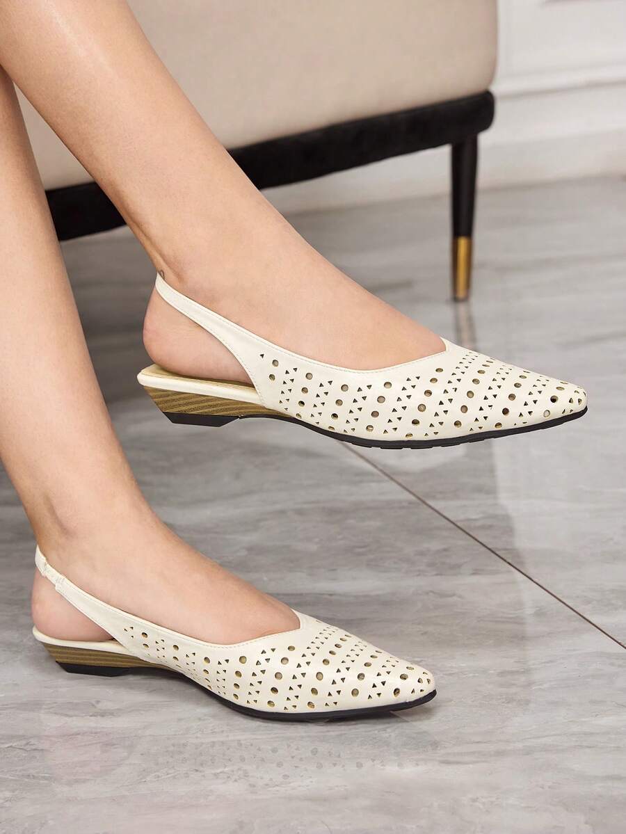 Sleekvia Women's Lightweight Hollow-Out Breathable Pointed Toe Low Heel Shoes, Elegant Minimalist Apricot Color Slip-On Shoes For Commuting, Office, Shopping, Afternoon Tea, Travel, Versatile Daily Wear - Apricot - View 1