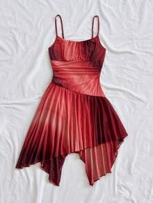 Soleia 女士渐变印花不对称下摆褶皱胸部吊带中长连衣裙，性感迷人，适合海滩、约会、度假、海滩假期、婚礼、邮轮等场合。 - 酒紅色 - 查看 5