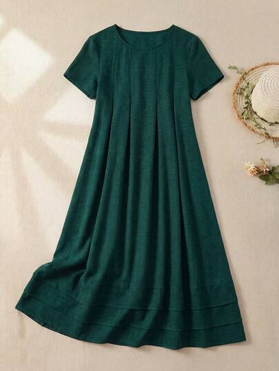 Rusticease 女士纯色圆领休闲百搭短袖中长连衣裙