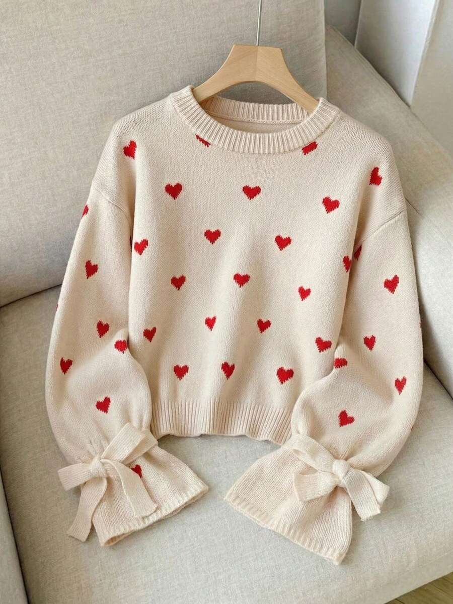 SHEIN 少女秋冬季棕色咖啡色针织罗纹袖口系带蝴蝶结宽松套头毛衣 - 紅白色 - 查看 1