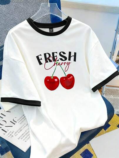 Manfinity Joysei Camiseta de manga corta con cuello de contraste y estampado de letra de cereza, casual para hombres, adecuada para vacaciones de verano y uso diario