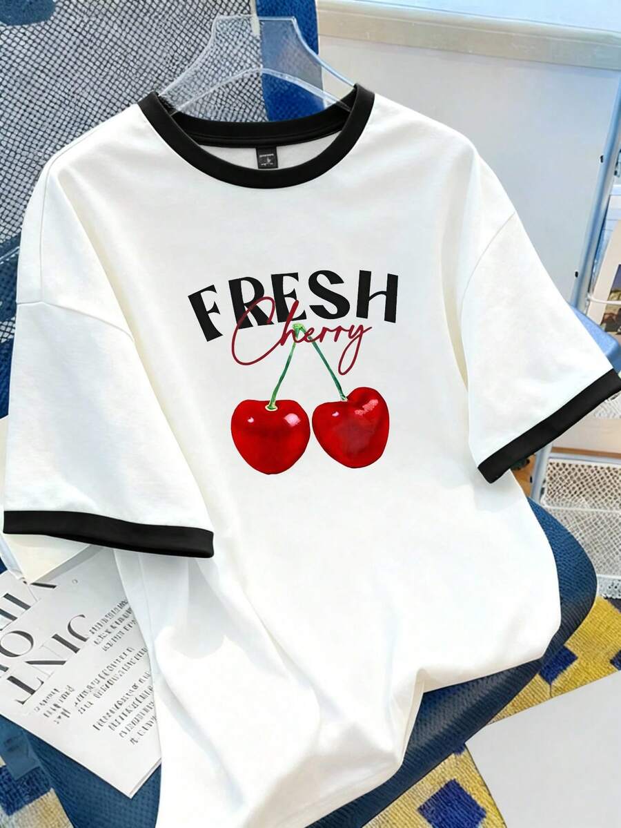 Manfinity Joysei Men's Casual Cherry Letter Print Ringer Short Sleeve T-Shirt, Suitable For Summer Holiday, Daily Commute - Black and White - View 1