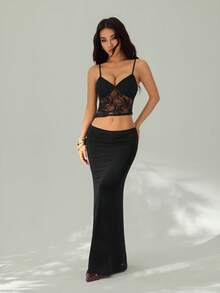 SHEIN PETITE 夏季海滩度假纯色黑色蕾丝性感透视吊带长裙，适合日常约会、夜间外出、夜店、派对、聚会、鸡尾酒会、泳池派对、返校季服装、开学季连衣裙、节日连衣裙、女士连衣裙、女士纯色性感无袖连衣裙、白色连衣裙、度假连衣裙、女士派对连衣裙、圣诞派对连衣裙 - 黑色 - 查看 3