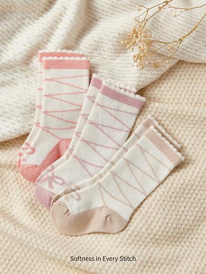 Cozy Pixies 3 Pairs Of Baby Socks, Ballet Bow, Cute And Sweet Princess Style, Medium Tube Socks Are Suitable For Indoor And Outdoor, And Gifts Are Suitable For Newborn Gifts.