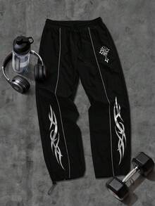 Sport MetroGents 男士十字印花抽绳腰宽松运动裤 - 黑色 - 查看 1