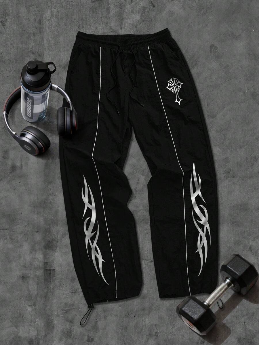 Sport MetroGents 男士十字印花抽绳腰宽松运动裤 - 黑色 - 查看 1