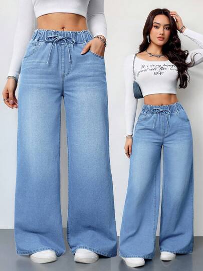 SHEIN Tall Women's Jeans Casual High Waist Wide Leg Trousers Blue Women's Jeans Women's Summer Clothing Elastic Waistband Jeans Jeans Casual Loose Straight Pants Women's Summer Clothing Going Out Clothing Music Festival Clothing Tall Women's Jeans Summer Outfits For Women Jeans Women Pants Women Jeans Vacation Outfits Woman Beach Outfits For Woman