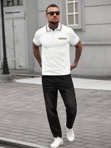 Manfinity CasualCool Men's Striped Short Sleeve Casual Commuter Polo Shirt - White - View 3