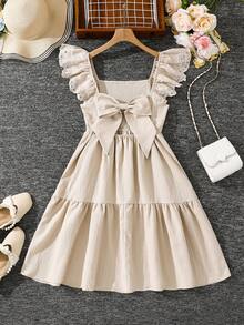 Emery Rose Kids Emery Rose Kids Tween Girl Plain Woven Square Neck Flounce Hem Casual Dress Beige Dress Girls Little Girls Beige Dress Tween Girl Champagne Dress Girls Ruffle Dress - Khaki - View 2