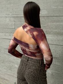 Women's Summer Tie Dye Printed Asymmetrical Collar Ruched Slim Fit Bodysuit - Brown - View 2