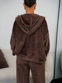 SAYEHFBABY Oversized Damen 2-teiliges Set: einfarbiger Kapuzenpullover und Jogginghose, Herbst - Braun - Übersicht 2