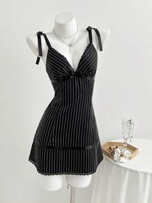 Elamini 女士条纹印花打结蕾丝拼接吊带连衣裙 - 黑色 - 查看 3