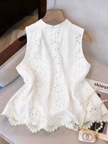 Franclia 优雅度假风立领纽扣刺绣蕾丝拼接浪漫女式衬衫 - 白色 - 查看 2