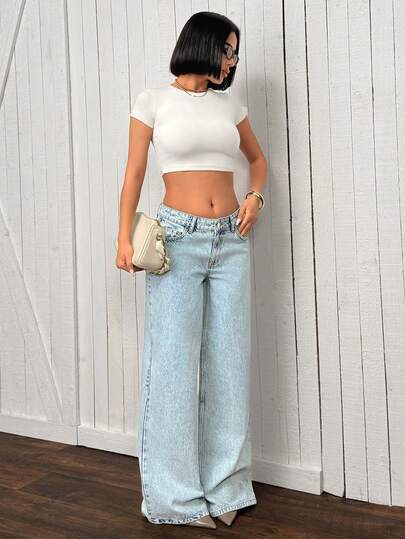 SHEIN Low Waist Casual Style Light Blue Snow Wash Regular Fit Button Front Wideleg Jean