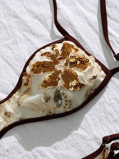 Swim Vcay Women's Sequin Contrast Color Sexy Bikini Set, Suitable For Beach & Holiday