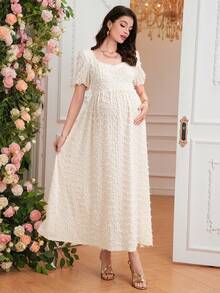 SHEIN 孕妇舒适纯色露背蝴蝶结短袖高开衩优雅连衣裙 - 米色 - 查看 5