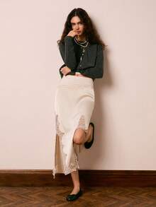 Easelle 女士撞色蕾丝开衩下摆优雅半身裙 - 杏色 - 查看 5