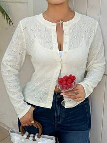 Dazy Plus Áo cardigan/áo thun dài tay dáng rộng dành cho nữ cỡ lớn, kiểu dáng công sở thanh lịch, chất liệu jacquard khoét rỗng, thích hợp cho mùa xuân và mùa hè. - Màu be - Xem 7