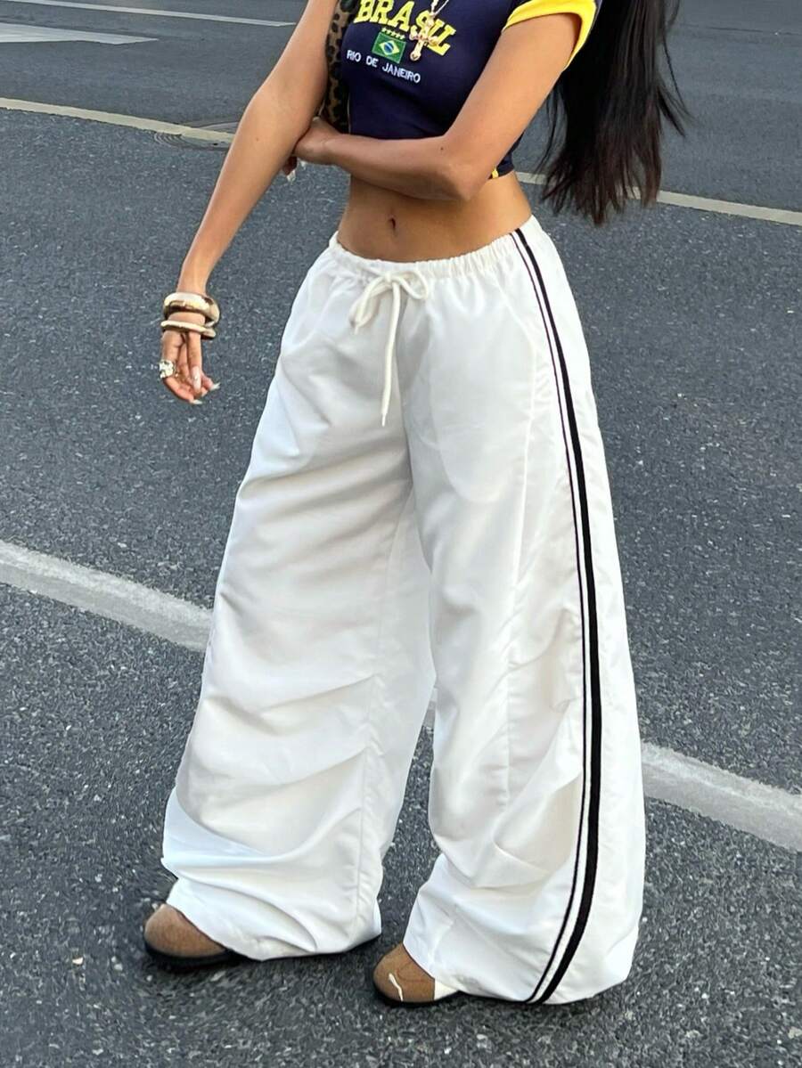 Coolane Women's Side Stripe Drawstring Waist Pleated Wide Leg Loose Pants - White - View 1