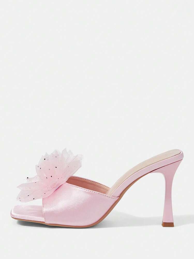 CUCCOO HITCHD Women's Square Toe Stiletto High Heels, Sexy Fashion Floral Mesh Slip-On Mules, Suitable For Dresses, Party, Nightclub, Open Toe Sandals Wedding Shoes Spring Shoes Bride Shoes
