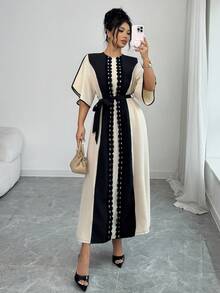 Rafferiza Women's Round Neck Flare Sleeve Contrast Color Ruffle Patchwork Elegant Long Midi Dress,Black And Beige,Summer,Modest,Dining,Party,French - Apricot - View 1
