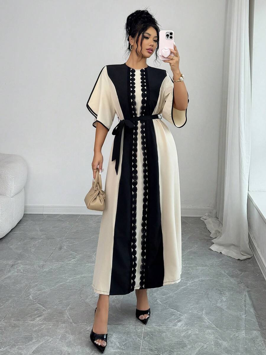 Rafferiza Women's Round Neck Flare Sleeve Contrast Color Ruffle Patchwork Elegant Long Midi Dress,Black And Beige,Summer,Modest,Dining,Party,French - Apricot - View 1