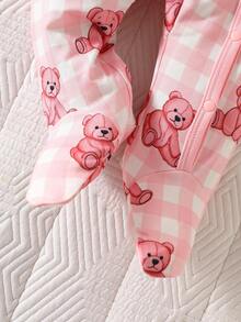 SHEIN Set de 2 piezas Pelele de manga larga con estampado de oso de dibujos animados y gorro para bebé recién nacido unisex, adecuado para uso diario, fiesta de cumpleaños, fotografía en primavera, verano, otoño, invierno - Rosa - Ver 7
