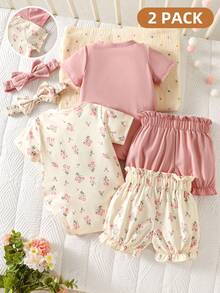 SHEIN 2 piezas Conjunto de ropa para bebé niña recién nacida: Mono de manga corta + Pantalones cortos con dobladillo de volantes, cintura elástica, tela suave, transpirable para el verano, mezcla y combina dos estilos - Floral diminuto fresco y sanador, unicolor suave y dulce - Multicolor - Ver 3
