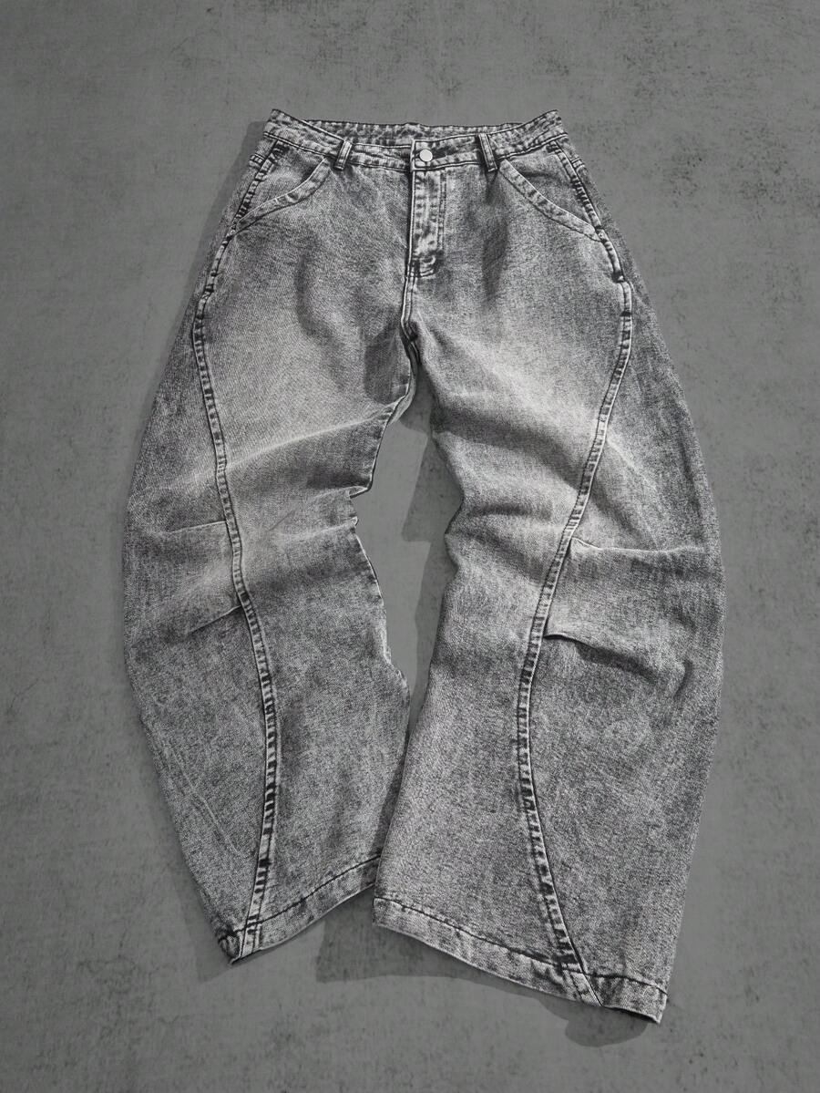 Manfinity ZONE917 男士口袋破洞宽松阔腿休闲牛仔裤 - 淺灰色 - 查看 1