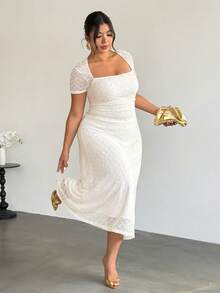 Firerie 大码女士优雅天鹅领针织纹理A字提花网纱性感约会褶裥长连衣裙，适合办公室穿着 - 杏色 - 查看 1