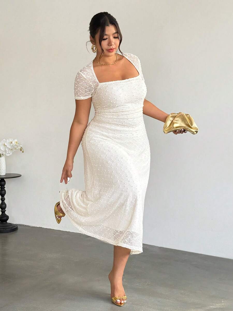 Firerie 大码女士优雅天鹅领针织纹理A字提花网纱性感约会褶裥长连衣裙，适合办公室穿着 - 杏色 - 查看 1