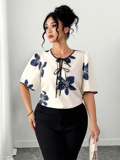 Elenzga Plus Size Women Floral Print Front Tie Puff Sleeve Fashionable Shirt