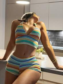 Swim Vcay Bộ bikini hai mảnh cổ chữ V khoét sâu, gợi cảm, nhiều màu sắc kẻ sọc thời trang dành cho nữ - Nhiều màu - Xem 1