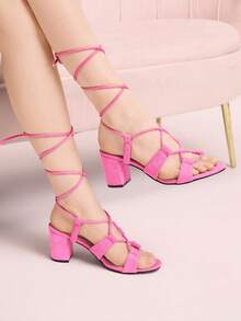 CUCCOO DOLLMOD Women's Simple Round Toe Thick Heel High Heel Sandals - Pink - View 2