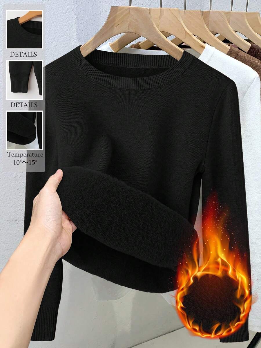 Franclia Women Fitted Raglan Sleeve Crew Neck Sweater With Thermal Lined Knit Pullover Fall Winter Sweater - Black - View 1
