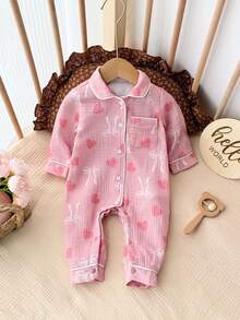 新生女宝宝可爱休闲粉色蝴蝶结图案翻领连体衣 - 彩色 - 查看 3
