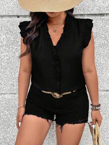 EMERY ROSE Blusa de mujer talla grande de verano, casual, para vacaciones y uso diario, con cuello en V y volantes, de color liso - Negro - Ver 5