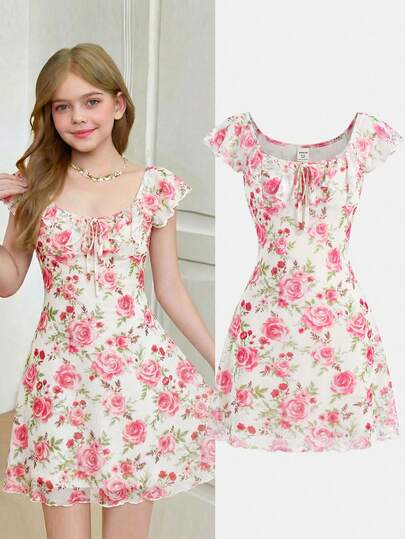 SHEIN Kids Tween Girls' Floral Print Cinched Waist Ruffle Sleeve Bow Tie A-Line Knit Dress, Elegant For Outings, Dates, Summer Outfits, Beach, Holiday, Suitable For Various Occasions Dresses For 12 Year Olds Summer Grils Flowers Dresses Summer Dresses For Girls Teen Girl Dresses Flowers Dresses With Floral Print Dresses For 15 Year Olds Girls Floral Dresses Floral Print Dresses Dresses For 12 Year Olds Summer Print Grils Flowers Dresses 15 Year Old Summer Floral Dresses For Girls