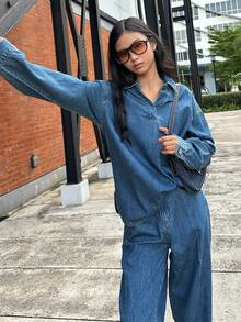 DAZY Teen Girl Casual Everyday Dropped Shoulder Long Sleeve Denim Top And Jeans Set, Autumn - Blue - View 4