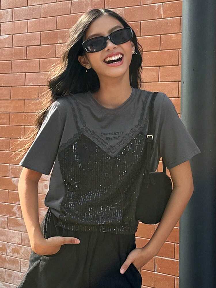 Teen Girls' Fashionable Sequin Patchwork Round Neck Short Sleeve T-Shirt, Summer