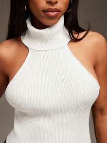 Denimoi Suéter sin mangas con cuello alto y anillo en O, Top de suéter, Top sin espalda, Suéter de cuello alto - Blanco - Ver 4